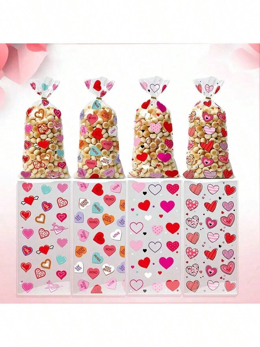 50pcs Valentine's Day Candy Bags, Single-Use Plastic Gift Bags With Cartoon Heart Pattern, Fantasy Theme Party Favor Packaging, Suitable For Holidays - Multicolor - View 1