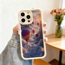 Cubierta de teléfono con borde negro diseño de globos aerostáticos en el cielo naranja y nubes para iPhone 14 Pro Max protección anticaídas estilo artístico ideal para viajeros y amantes de la naturaleza - Burdeos - Ver 4