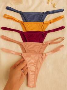 Set Of 5 Thong Panties With Adjustable Straps, Seamless, Polyester, 100% Cotton Gusset, Comfortable For Everyday Wear, Lingerie, Sensual - 彩色 - 查看 5