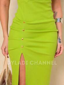 Midi Dress In Ribbed Cotton With Elastic Button, Side Slit, And Stylish For Summer. Women's Fashion. - Lime Green - View 3