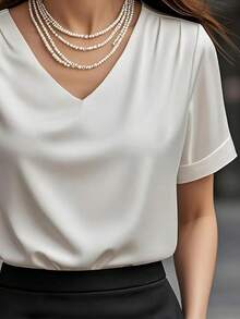 1pc Women's Solid Color Satin V-Neck Short Sleeve T-Shirt Blouse, Elegant & Fashionable, Suitable For Summer, Daily, Office, Dates, Spring/Summer