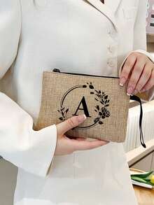 1 pieza Bolsa con cremallera de lino con estampado de letra, patrón de letra floral de moda, monedero, bolsa de cosméticos, regalo para mujeres, maestras, organizador de viaje: perfecto para exteriores y belleza, adecuado para mujeres, madres, amigas, damas de honor, estudiantes, vuelta al colegio, maestras - Caqui - Ver 3