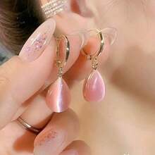 Temperament Double-Sided Earrings Green Drop Double-Sided Earrings Temperament Simple Earrings Light Luxury Ear Jewelry - 粉色 - 查看 2