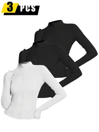 3pcs/Set - Plus Size Women High Stretch Yoga Jacket, Long Sleeve Stand Collar Slim Fit Sports Jacket, Zipper Closure, All Season Fitness & Casual Wear, Machine Washable, Fashionable Fabric Design