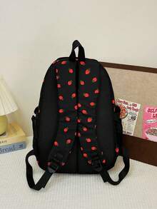 三件套黑色尼龙休闲清新草莓蝴蝶结樱桃印花提花拉链可折叠大容量多口袋背包，适合女性日常搭配、大学生、培训、上学、购物、旅行 - 黑色 - 查看 8