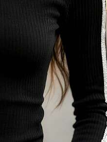 金属拉链装饰开衫，黑色高领修身针织衫，时尚派对休闲上衣，春季款 - 黑色 - 查看 4