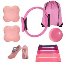 Set di 11 pezzi per Pilates - Attrezzatura fitness domestica per donne - Fascia di resistenza per fianchi, dispositivo di stiramento, palla da fitness/yoga mini, calze da yoga, ginocchiere, guanti e gomitiere, con tasca con laccio. Adatto per esercitare gambe, braccia, cosce, ecc. a casa - Multicolore - Visualizzare 11