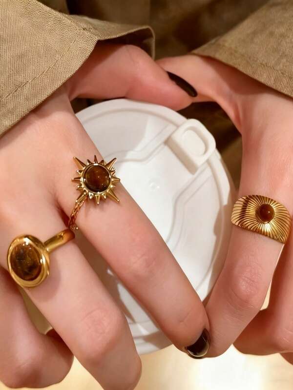 1 Set Of 3pcs Vintage Gold Sunflower & Khaki Colored Open Rings, Unique Minimalist Design Accessory Set