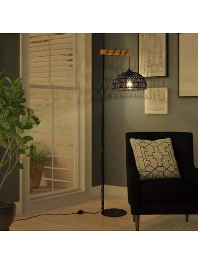 Alpinaluz "SALVIA" Wooden Vloer Lamp Zwart Jute Rope Shade E27 view 4