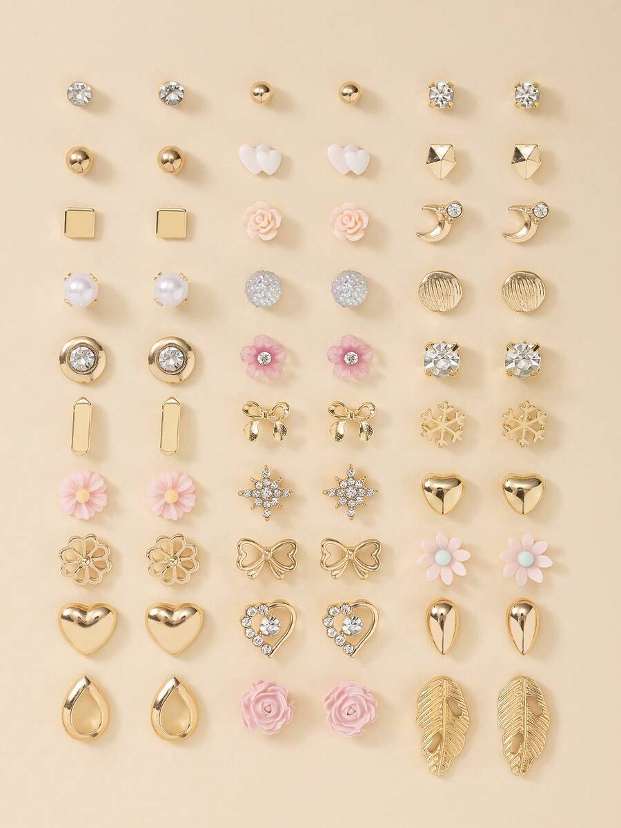 Set de 30 de perechi de cercei asortați cu flori drăguțe, inimă, lacrimă, lună și perle artificiale, bijuterii la modă pentru cadouri de zi cu zi și de sărbători - Multicolor - Vizualizare 1