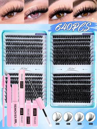 640片睫毛嫁接套装，DIY睫毛嫁接套装，单根睫毛簇，D型卷翘，睫毛簇配有睫毛粘合剂和密封剂，以及睫毛涂抹刷工具，方便在家自行嫁接。睫毛簇套装，适合旅行、日常佩戴（适合初学者）、婚礼、约会、派对、节日等场合，非常适合作为圣诞节/万圣节/礼物睫毛套装（10mm-16mm）。