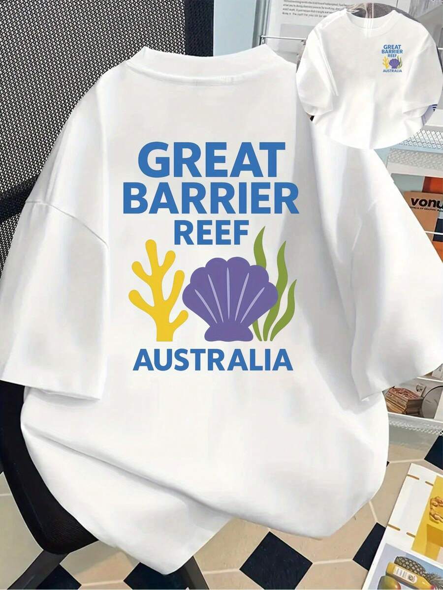 Camiseta gráfica de la Gran Barrera de Coral de Australia - Camiseta casual de manga corta con cuello redondo para mujeres con estampado colorido de vida marina, perfecta para primavera y verano, camiseta de arrecife - Blanco - Ver 1
