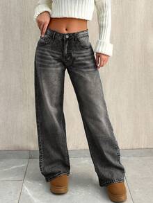 Tall Women's Light Blue Washed Low Waist Straight Leg Jeans, Retro Fashionable Loose Casual Pants