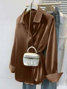 Áo sơ mi satin nữ, kiểu dáng công sở thường ngày, cài cúc, thiết kế cổ bẻ, thanh lịch, phù hợp cho cả đi làm và đi chơi, thích hợp cho mùa thu, đông và xuân. - Rỉ Nâu - Xem 2