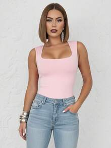 Kit Of 4 Women's Bodysuits, Square Neckline, Wide Straps, Sleeveless, Non-Transparent, With Elastane, Shaping, Versatile, Basic, Simple, Casual, High Fashion, Blogger Style, Foreign Style - 黑白藍粉 - 查看 2