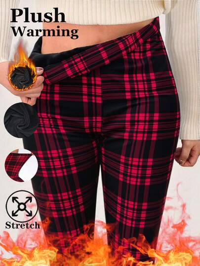 1 条装女式保暖格子紧身裤，弹力紧身裤，优雅休闲，适合居家、锻炼、瑜伽、健身、户外活动、秋冬