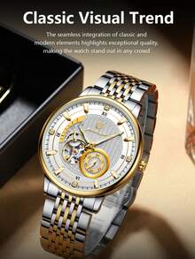 POEDAGAR 1pc Men's Stainless Steel Automatic Hollow Tourbillon Mechanical Wristwatch, Casual Men's Watch, Waterproof Luminous Function, Fashion Men's Wristwatch, Suitable For Daily Wear, Men's Gift - White - View 10