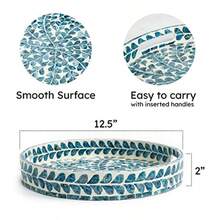 Round Wooden Marble Serving Tray With Handles 12.5 Inch Lacquer Mother Of Pearl Inlay Mosaic Design Leaf Style Tray For Tea And Breakfast Elegant Decorative Tableware For Home Dining And Gift Use - 葉子樣式 - 查看 3