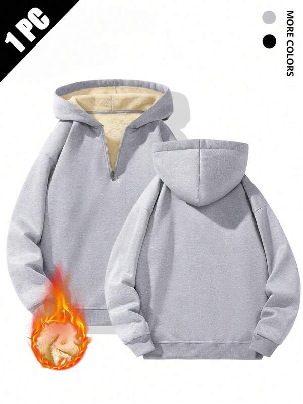 Men's Half-Zip Sweatshirt, Fashion Minimalist Solid Color, Thermal Lined Thick Long Sleeve Hoodie For Winter
