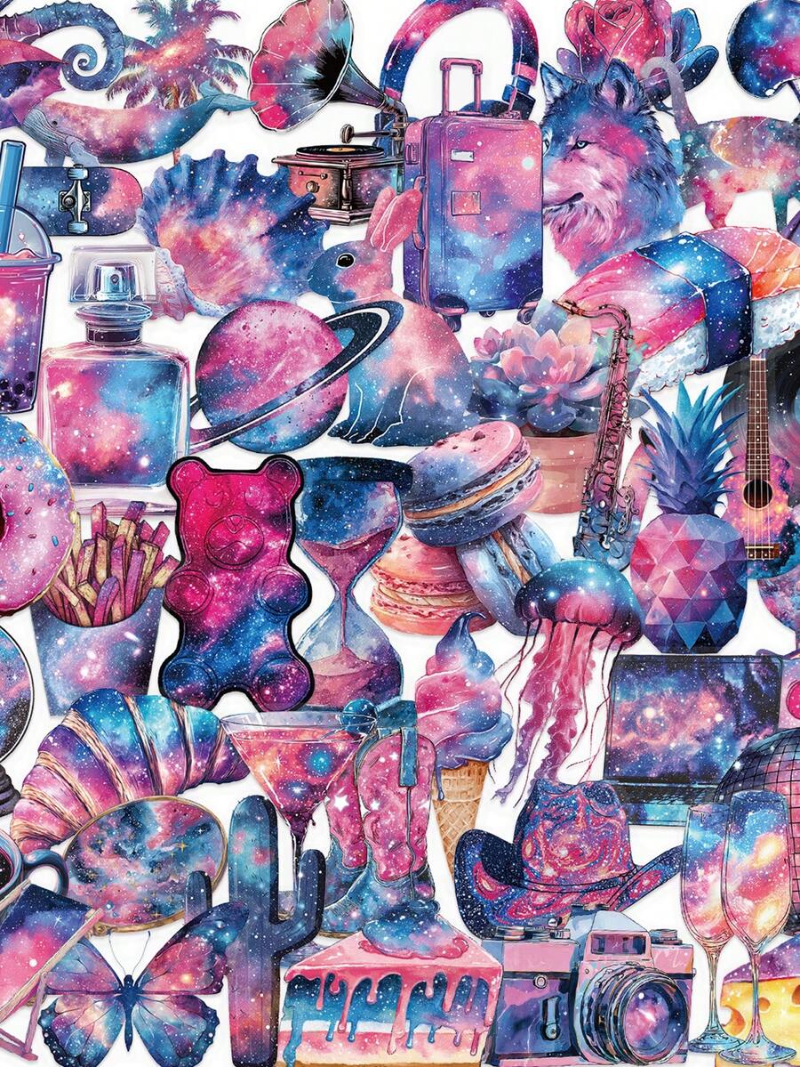 50pcs Purple Starry Sky Stickers Laptop Phone Case Water Bottle Guitar Fridge Cute Transparent PET Decal Waterproof - Multicolor - View 1