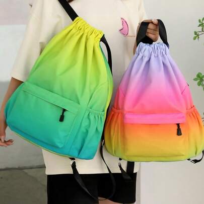 1pc Dual-Color Drawstring Backpack, Large Capacity, Unisex, Sports & Casual Daypack With Front Pocket, Nylon Material, Adjustable Shoulder Strap, Suitable For Fitness And Outdoor Use