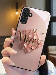 Golden Letters Surrounded By Flowers And Butterflies,High-Quality Tempered Glass Craftsmanship Phone Case Suitable For Compatible With Samsung Galaxy S25/24/23/22/21/20/10 Ultra/FE+,Note20,/Ultra,A70/56/55/54/53/52/51/36/35/34/32/26/25/24/23/16/15/14/06/05/03,Case Suitable For Compatible With Iphone17,17Air,16, 15, 14, 13, 12, 11, PRO MAX, PLUS - 彩色 - 查看 2