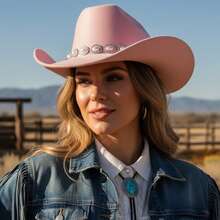 Women's Felt Cowgirl Hat Wide Brim Jazz Cap Stylish Pearl Chain Design Western Hat For Daily Life  Party - 粉色 - 查看 2