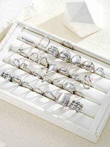 17KM 29pcs Simple Fashionable Vintage Coin Style Metal Geometric Asymmetrical Stackable Rings Set, Women/Couples/Friends Gift For Holiday, Date, Party, Wedding, Christmas, Valentine's Day