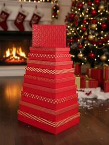 Set di dieci scatole regalo di Natale, scatola regalo di Natale rettangolare piatta con coperchio in lamina d'oro, scatola portagioie, scatola regalo per le feste