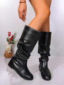 Women's Autumn/Winter Flat Comfortable Soft Bottom Versatile Warm Pleated Boots, Elegant Fashion Long Shaft Dress Boots, Over-The-Knee Boots - Black - View 6