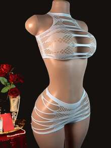 2件套性感蕾丝连体衣内衣套装 - 淺藍色 - 查看 3