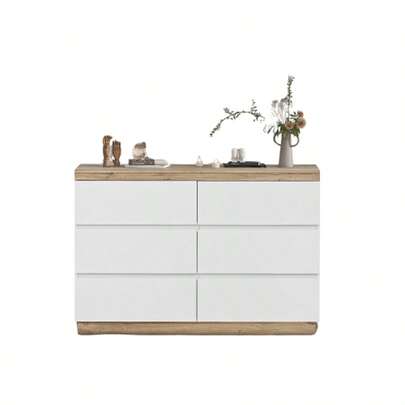 Chest Of Drawers With 6 Drawers, Lockable Compartment, Storage Function, For Bedroom And Living Room, E1 Chipboard, White+Oak [OLD SKU:30211011AAA]