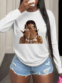 1pc Tween Girls Casual Cool Graphic Print Crew Neck Long Sleeve T-Shirt, Loose & Comfortable, Autumn Student Youth Clothing - White - View 5