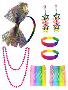 D EXCEED 6件套80年代女士服装套装，包括头饰、耳环、项链、渔网手套和腕带，适合圣诞节角色扮演、复古主题派对 - 彩色 - 查看 4