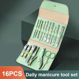 16pcs Green Cantaloupe Print Nail Clipper Set, Stainless Steel Anti-Splash Nail Clippers, Manicure & Pedicure Kit, Personal Care Tools, Suitable For Men And Women