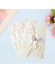 1/5/10pcs Exquisite Glitter Pink Invitation Letter, High-End Hollow Bow Invitation Letter, Gold-Plated Personalized Glitter Pink Greeting Card, Suitable For Wedding Anniversaries, Bridal Showers, Engagement Parties, And Anniversary Dinner Invitations. - Multicolor - View 5