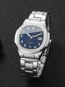 1pc Men's Fashion Simple Square Dial Calendar Stainless Steel Quartz Business Wrist Watch, No Watch Box Included - Silver - View 8