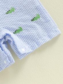 Baby Boy Summer Clothes Sleeveless Embroidery Dinosaur Gingham Retro Romper Jumpsuit Smocked Shortall - 藍色 - 查看 7