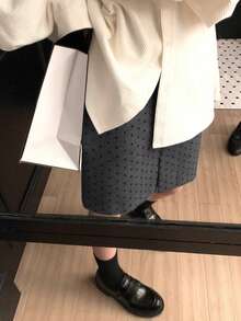 直筒修身波尔卡圆点裙，女式开叉下摆修身羊毛裙 - 灰色 - 查看 4