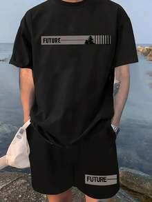Conjunto de 2 piezas para Hombre con Estampado: Camiseta de Cuello Redondo y Manga Corta y Shorts Cómodos - Negro - Ver 2
