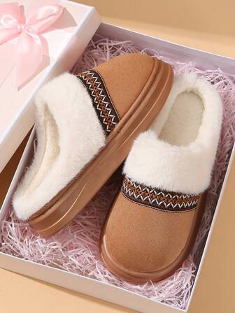 新款女士编织带毛绒拖鞋，加厚鞋底，保暖防滑，秋冬季女士毛绒拖鞋，男士情侣保暖防滑毛绒拖鞋