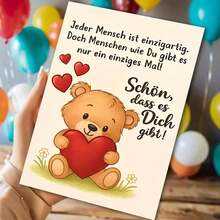 "Jeder Mensch Ist Einzigartig" German Adult Card - Teddy Bear & Heart Affectionate Design (Includes Envelope) - Multicolor - View 1