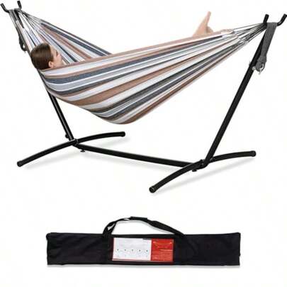 Double Hammock With Space Saving Steel Stand 2 Person Outdoor Standing Hammocks With Portable Carrying Bag 250Kg Capacity Coffee 260 * 107 * 109Cm