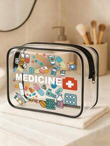 透明PVC便携式收纳袋，印有药品标签和药丸图案，医用收纳袋，大容量化妆品收纳包，防水，带拉链，化妆包，旅行收纳包，美容包，可收纳口红、化妆刷、护肤品、手机、零钱、小物件，旅行必备，轻便