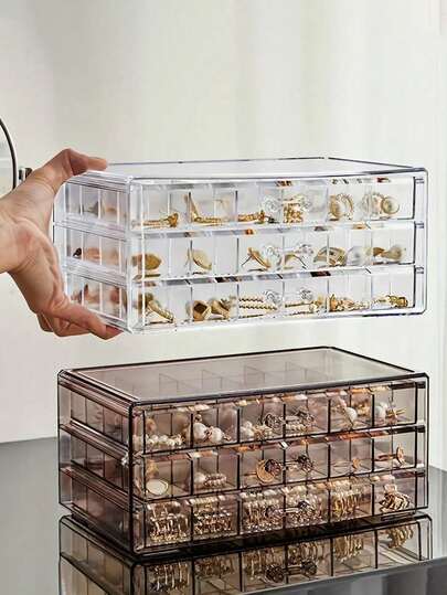 1pc 3-Layer 72-Compartment Acrylic Jewelry Box, Transparent Multi-Compartment Jewelry Storage Box, Drawer-Style Transparent Jewelry Box, Suitable For Storing Women's Daily Wear Earrings, Rings, Necklaces, Bracelets, Drawer-Style Display Storage Box, Suitable For Bathroom Storage, Desktop Stacking Drawers