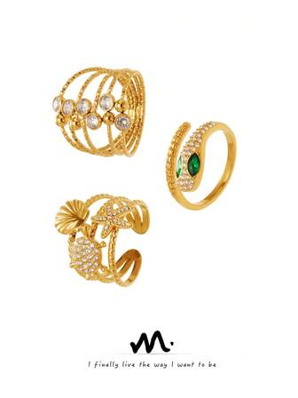 MiDuoDuo 1 pieza Anillo geométrico hueco de Zirconia 5A de lujo, con elementos de estilo de playa oceánica como concha, estrella de mar, tortuga y serpiente, anillo de nudillo de acero inoxidable ligero y versátil de estilo vintage para mujer