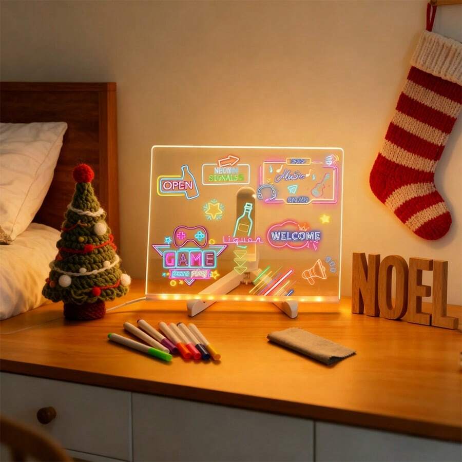 Luz LED - tablero de dibujo con stand, tablero de mensajes, con pincel de 6 colores, plug - in USB para usar, diseño de escenas simples y románticas, adecuado para la decoración diaria de oficinas / salas de estar / dormitorios y uso doméstico o regalos de Navidad / año nuevo