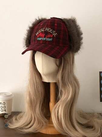 复古格纹仿毛皮豹纹融合棒球帽 - Y2K 亚文化，保暖毛绒护耳棒球帽，男女皆宜的格纹毛绒街头风棒球帽，秋冬款