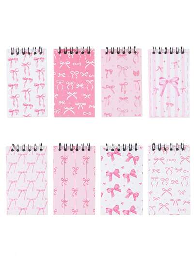 8pcs Pink Bow Mini Coil Notebooks - Rustic Spiral Notepads With Bowknot Design, Blank Pages For Memos, Notes & Creative Expression, Perfect For Birthdays & Shower Gifts, Cute Notebooks, Gift Item, Playful Design, Quality Paper Material, Mini Notebook, Party Favor For Teen Girl, Party Bag Filler, School Supplies, School Notebooks, Notebook For School