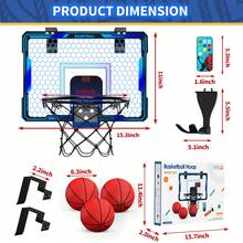 Mini Basketball Hoop With LED Lighting, Electronic Scoreboard, 3 Modes, Over Door Mount, Gift For Kids & Adults - Blue + Remote Control - View 12